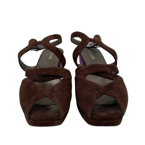 Prada Calzature Donna Ankle Strap Suede Leather Peep Toe Wedge Heel, Brown sz 38 - Picture 4 of 9